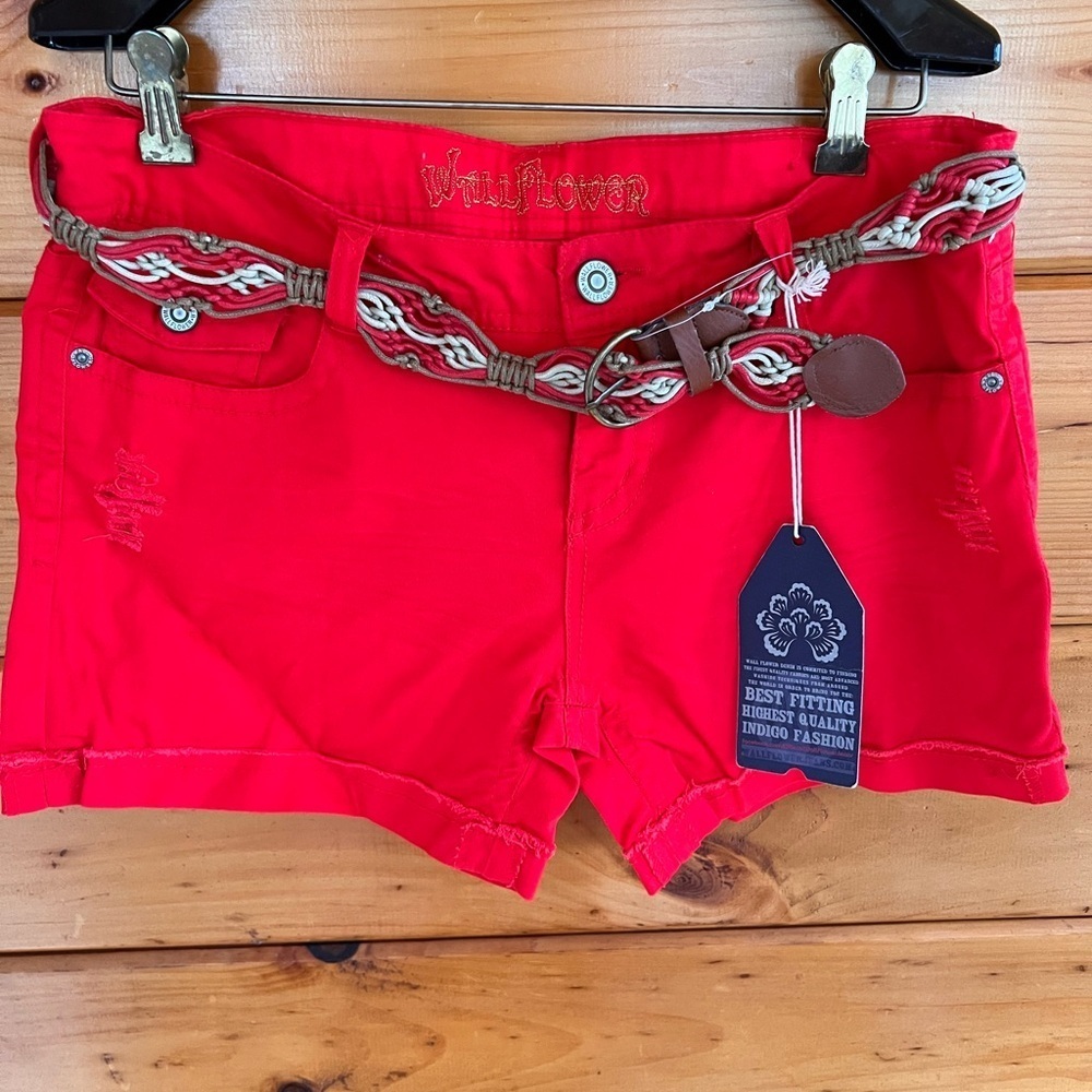 WALL FLOWER JEAN SHORTS RED WITH MACRAME BELT 5 POCKET STYLE 13